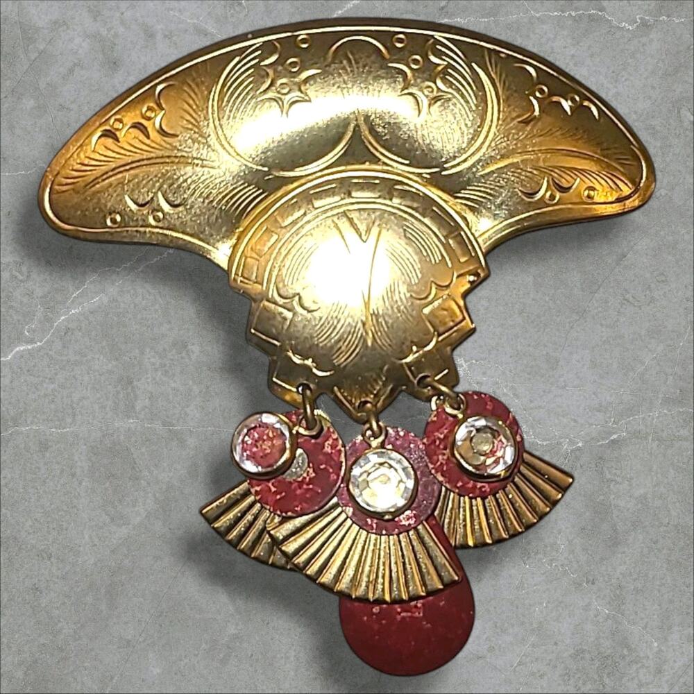 Vintage Modernist Gold Tone Embossed Metal Brooch Pin Tribal Crystal Dangles‎
